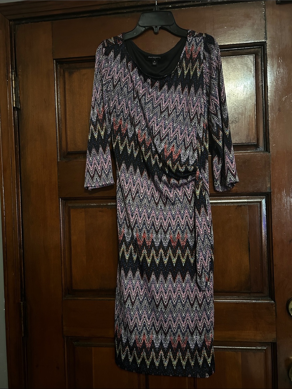 Sharagano Zigzag Wrap-Style Midi Dress in Black, Purple and Pink